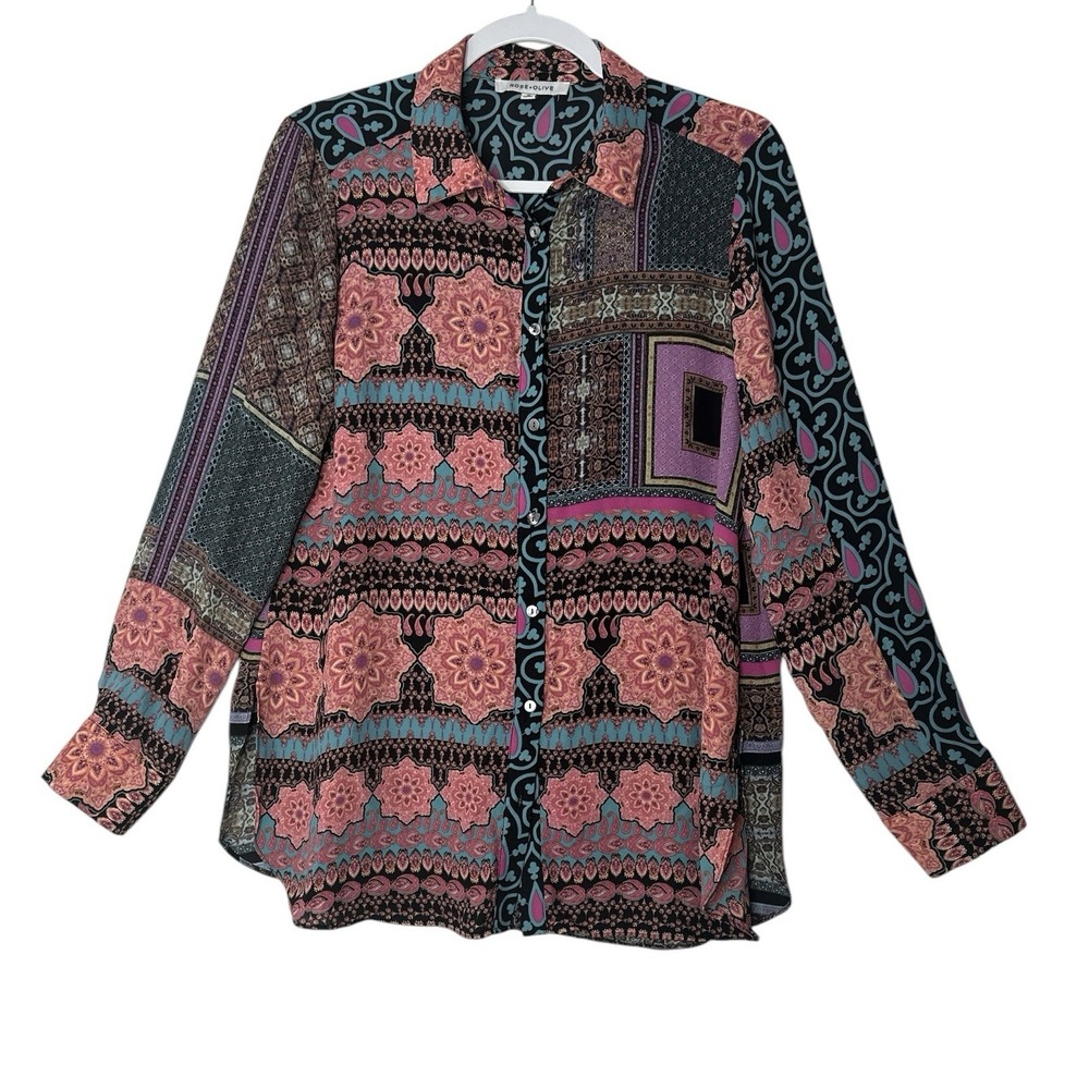 Rose + Olive Top Women Medium Blouse Long Sleeve‎ Lightweight Patchwork Colorful